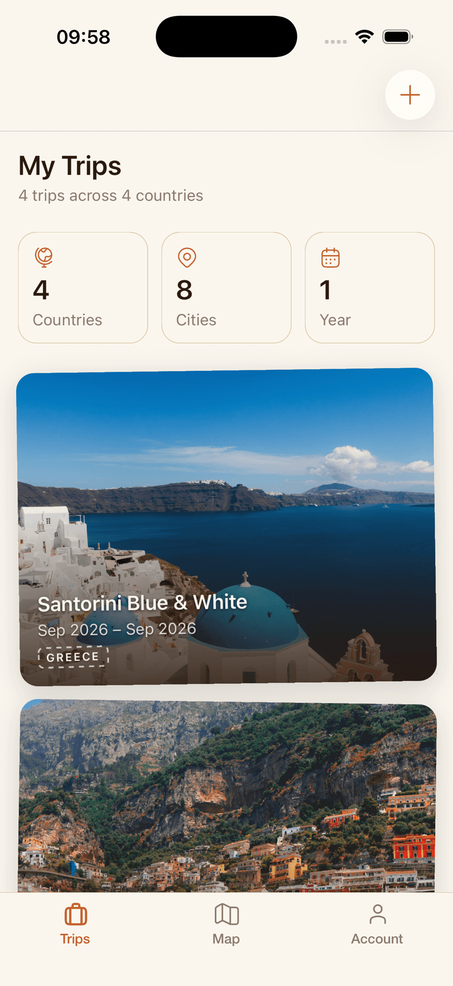 The Passé app showing a traveller's trip archive